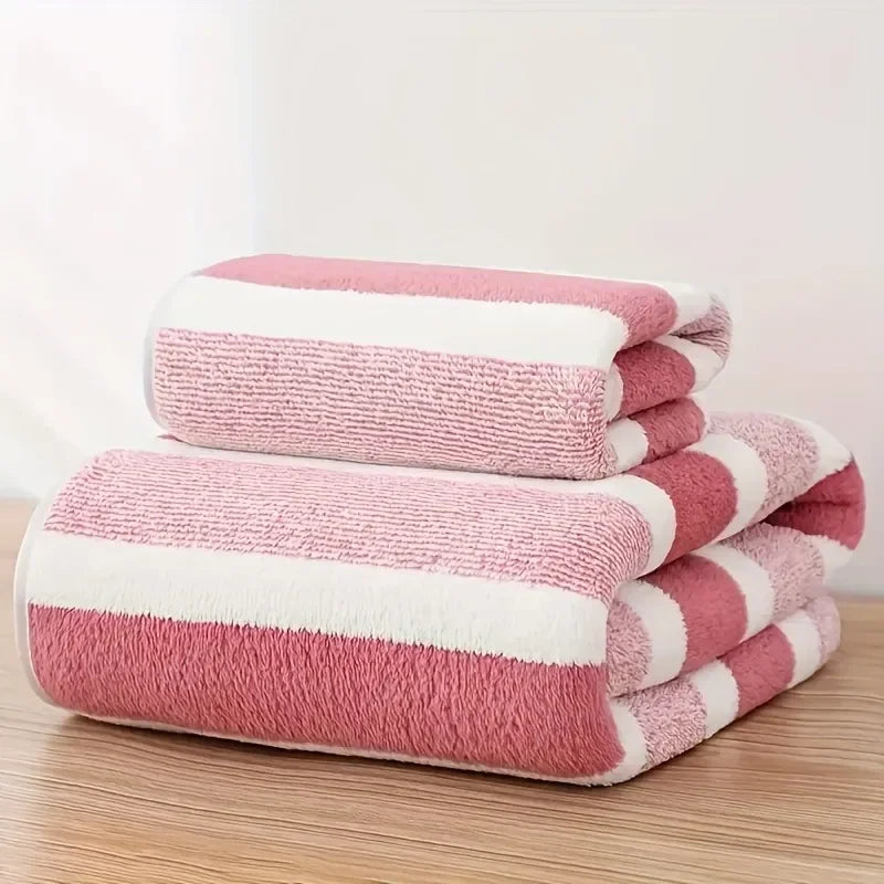 2 Pc Quick-Drying Striped Towel Set for Soft and Absorbent Bathroom Experience Includes 1 Bath Towel and 1 Hand Towel Sauna