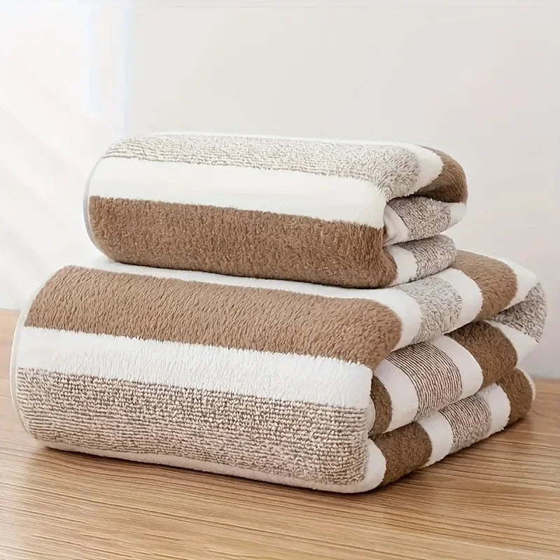 2 Pc Quick-Drying Striped Towel Set for Soft and Absorbent Bathroom Experience Includes 1 Bath Towel and 1 Hand Towel Sauna