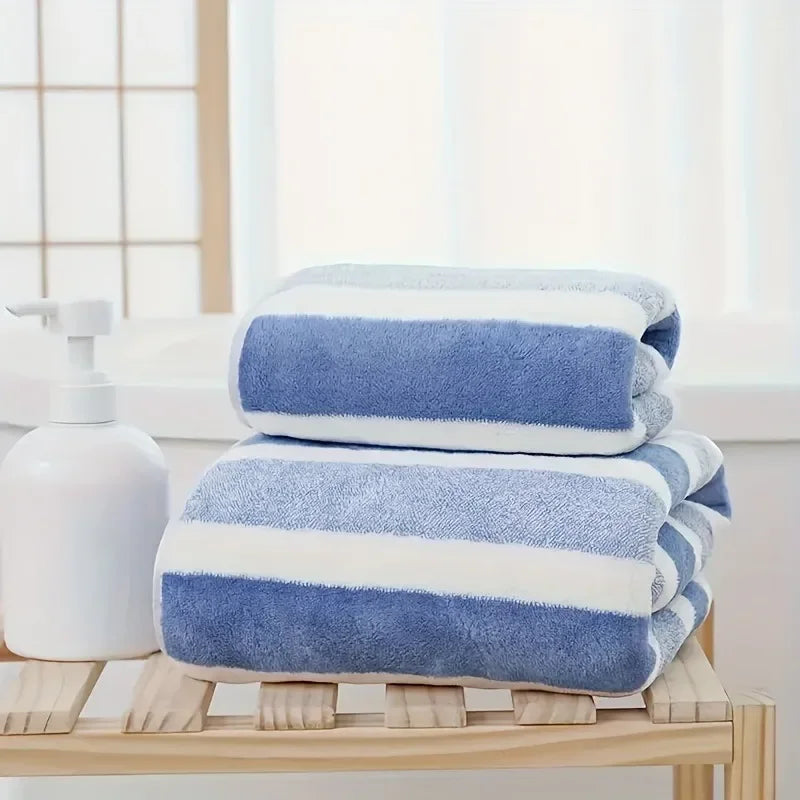 2 Pc Quick-Drying Striped Towel Set for Soft and Absorbent Bathroom Experience Includes 1 Bath Towel and 1 Hand Towel Sauna