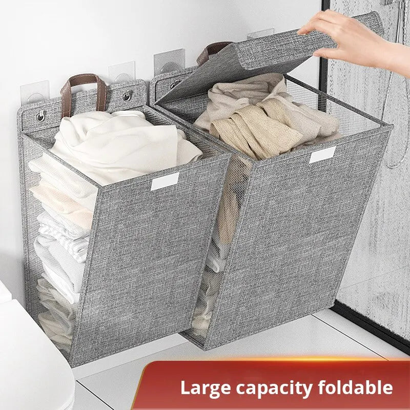 1pc Foldable Adhesive Laundry Basket Hamper, Multifunctional Punch Free Wall Hanging Washing Clothes Mesh Hook Organizer