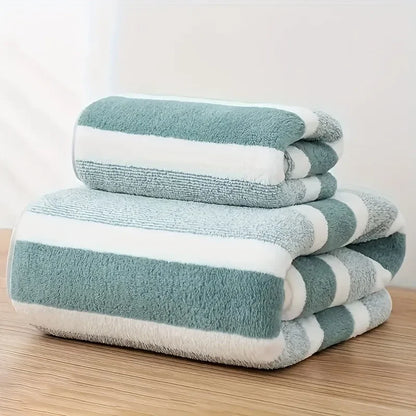 2 Pc Quick-Drying Striped Towel Set for Soft and Absorbent Bathroom Experience Includes 1 Bath Towel and 1 Hand Towel Sauna