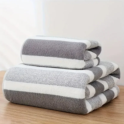 2 Pc Quick-Drying Striped Towel Set for Soft and Absorbent Bathroom Experience Includes 1 Bath Towel and 1 Hand Towel Sauna