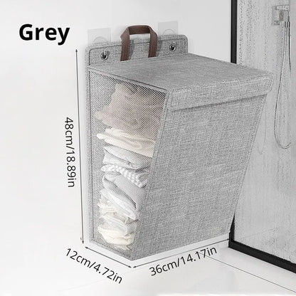 1pc Foldable Adhesive Laundry Basket Hamper, Multifunctional Punch Free Wall Hanging Washing Clothes Mesh Hook Organizer